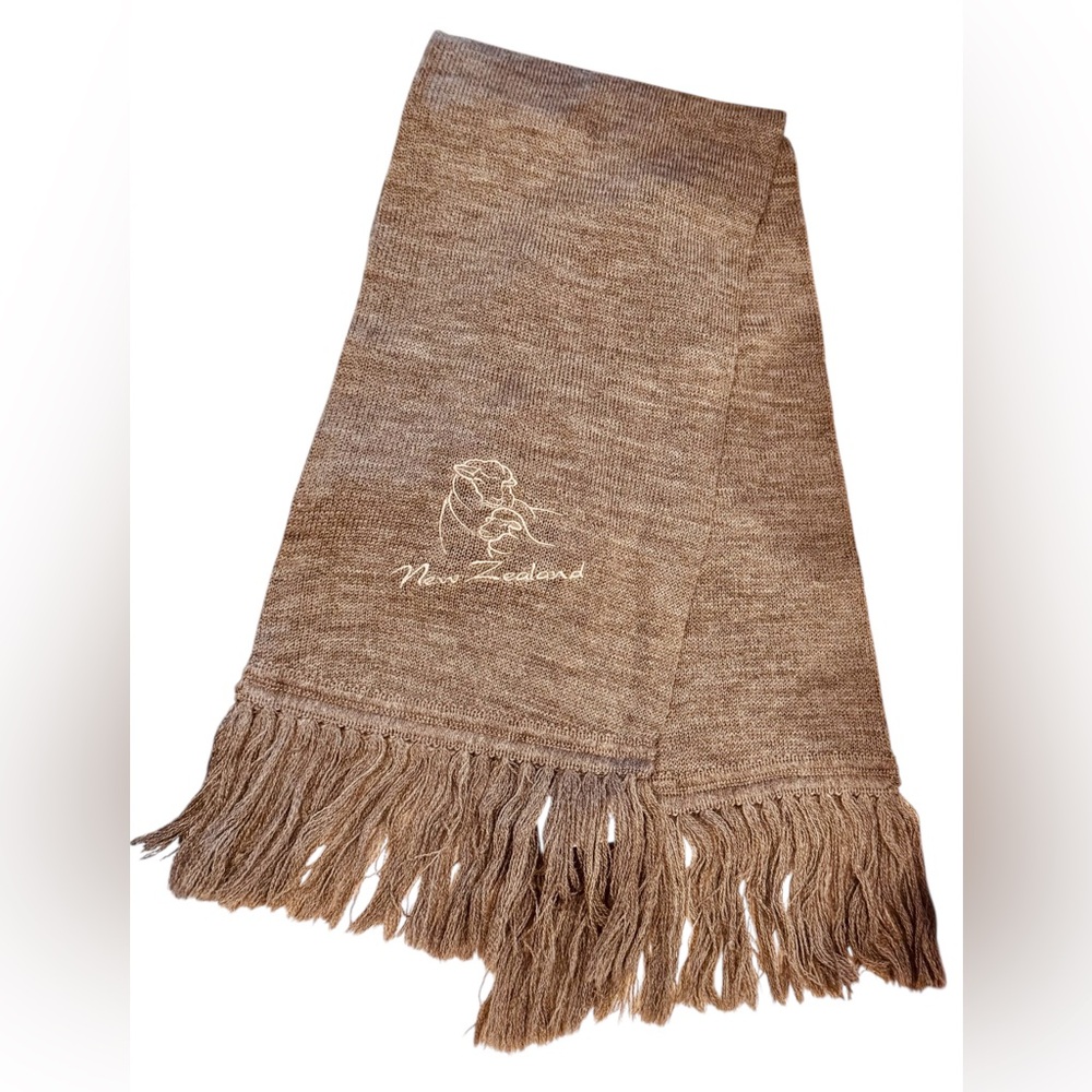 McDonald New Zealand 100% Pure Wool Fringed Scarf Taupe Embroidered Sheep Logo